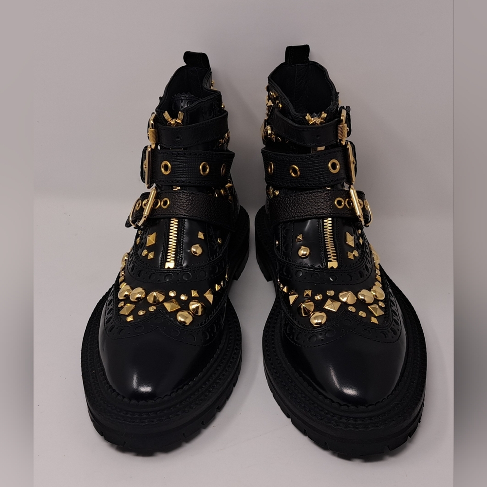 Burberry Everdon Leather Biker Boots Combat Ankle Buckle Gold Studs 10 US 40 EU - Picture 2 of 12